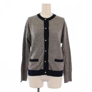 ニット カーディガン 長袖 パールボタン ウール S グレー 紺 /BM