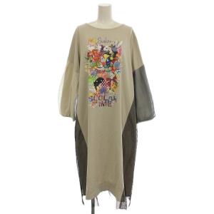 花とアニマル柄メッシュ切替ワンピース パフスリーブ ロング ワンピース M グレージュ /G