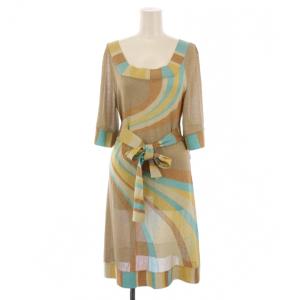 ワンピース ひざ丈 半袖 スクエアネック 総柄 ラメ ウエストリボン 40 茶 黄 青 /BM