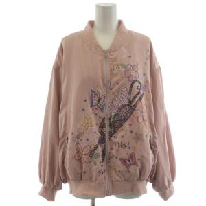 ブルゾン ジャケット ジップアップ ラメプリント 花柄 猫 ねこ 蝶 裏起毛 M ピンク /AN12