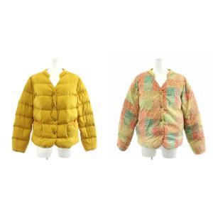 ダウンジャケット ノーカラー リバーシブル 総柄 アウター 40 マルチカラー ピンク 黄 イエロー 緑