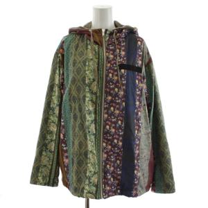 パーカー ジップアップ 裏ボア 総柄 ボーダー 花柄 M マルチカラー 紫 パープル 紺 ネイビー 緑