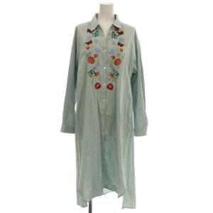 シャツワンピース ロング 長袖 刺繍 花 蝶 M 水色 ライトブルー /G