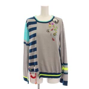 ニット カットソー ボーダー ビジュー 長袖 グレー 青 ブルー /YM