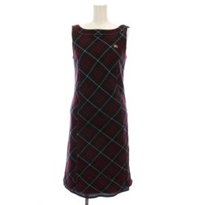 ワンピース ひざ丈 ノースリーブ チェック ウール 38 赤 レッド 紺 ネイビー FMF29-621