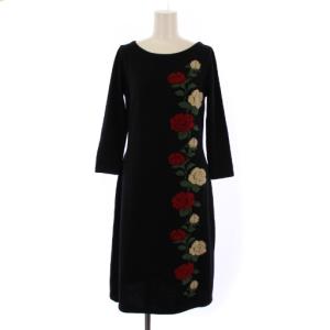 ワンピース ひざ丈 七分袖 クルーネック 刺繍 バラ ウール M 黒 /BM