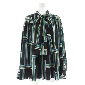 23SS ワイドボウタイブラウス シャツ ギャザー ステップラインプリント 36 黒 ブラック マルチカラー
