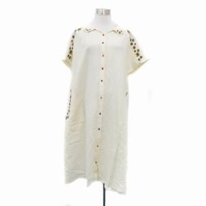 シャツワンピース ロング丈 半袖 刺繍 麻 リネン混 40 L マルチカラー アイボリー /HO46