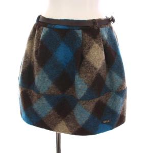 ミニスカート チェック ウール 36 青 ブルー ブラウン ベルト付き E1S20-415-25 /YM
