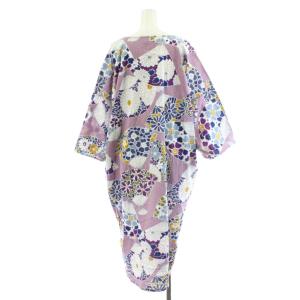 SOU SOU ワンピース ミモレ ロング 7分袖 花柄 コットン マルチカラー 紫 パープル 青 ブルー 白 ホワイト