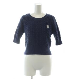 半袖コットンブレンドケーブルニット カットソーブルー 青 ネイビー ボートネック ロゴ刺繍 125-4170045