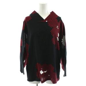 カットソー 長袖 花柄 コットン L 黒 ブラック 赤 レッド /AN25