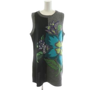 ニットベスト プルオーバー 花柄 ミドル ウール 9 マルチカラー グレー 黒 ブラック 水色 ライトブルー