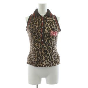 カットソー ポロシャツ 鹿の子 ノースリーブ ヒョウ柄 レオパード柄 24/38 茶 ブラウン /KU