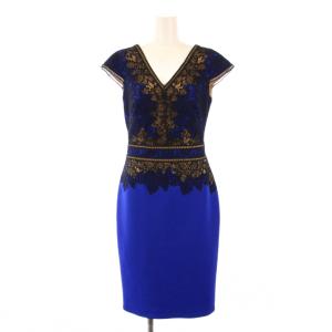 タイトワンピース ひざ丈 ノースリーブ Vネック ストレッチ レース 切替 0 青 ブルー 黒 ブラック