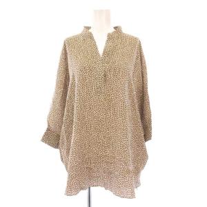 シャツ ブラウス プルオーバー 七分袖 スキッパー 総柄 バイカラー F 茶 ブラウン 白 ホワイト タグ付き