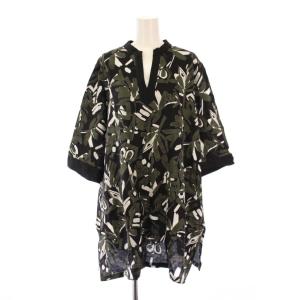 チュニック カットソー 五分袖 スキッパー ストレッチ 花柄 13 黒 ブラック /BB