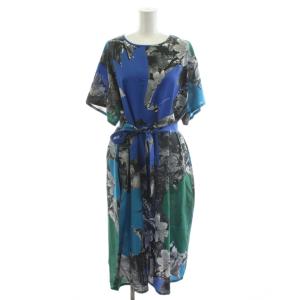 ワンピース ミモレ ロング 花柄 半袖 48L マルチカラー グレー 青 ブルー 緑 グリーン OPPSKM0340