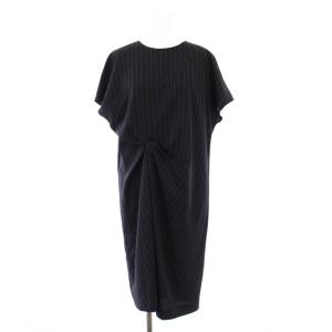 ワンピース ミオレ ロング 半袖 フレンチスリーブ クルーネック ストレッチ ストライプ柄 11 紺 ネイビー