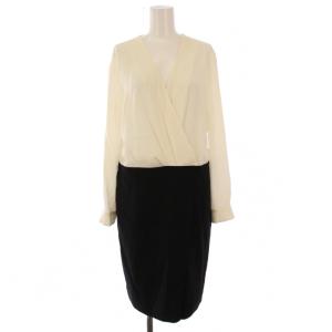 ワンピース ミモレ ロング 長袖 Vネック ストレッチ バイカラー 切替 6 白 ホワイト 黒 ブラック