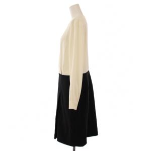 Calvin Klein ワンピース ミモレ ロング 長袖 Vネック ストレッチ バイカラー 切替 6 白 ホワイト 黒 ブラック