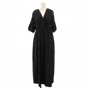 フレアワンピース マキシ ロング 半袖 Vネック ワンカラー F グレー /BB