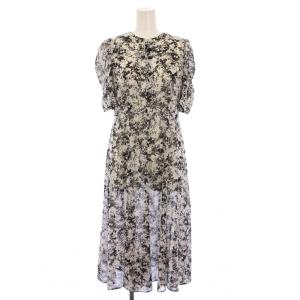 フレアワンピース ミモレ ロング 半袖 クルーネック シアー シースルー バイカラー 総柄 36 黒 ブラック