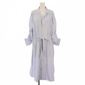 イッセイミヤケ シャツワンピース ミモレ ロング 長袖 オープンカラー ストライプ柄 ベルト 2 水色