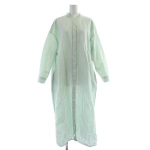 コットンリネンストライプシャツワンピース ロング 麻 綿 Free 青 ブルー 白 ホワイト GA05-26M008