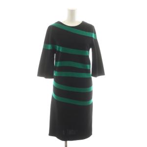 ワンピース ひざ丈 七分袖 ウール XS 黒 ブラック 緑 グリーン /RR