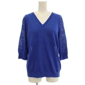 リネン混 ニット Vネック 半袖 カットソー 38 青 ブルー /G