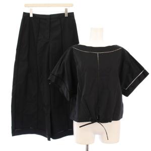 セットアップ ワイドパンツ ジップフライ タック シャツ ブラウス プルオーバー ショート丈 半袖 ボートネック