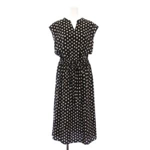 フレアワンピース ミモレ ロング ノースリーブ スキッパー ドット柄 バイカラー 38 黒 ブラック アイボリー