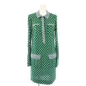 ワンピース シルク ひざ丈 長袖 総柄 4 黒 緑 /TK