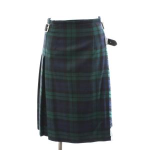ラップスカート プリーツスカート ひざ丈 チェック柄 ウール 40 紺 ネイビー 緑 グリーン /AN37