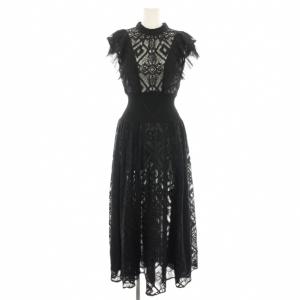 レースチュールコンビネーションドレス ワンピース ロング 半袖 フレンチスリーブ 総柄 0 黒 ブラック