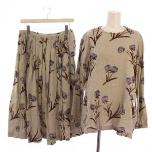 セットアップ 上下 ブラウス シャツ 長袖 フレアスカート ロング 二重織ガーゼカミラプリント 2 茶