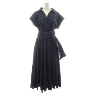 21SS ボリュームギャザーシャツワンピース 半袖 フレア 36 紺 ネイビー ロング 31266240