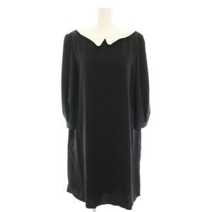 ワンピース ひざ丈 長袖 つけ襟 バイカラー 40 黒 ブラック 白 ホワイト 33056 /YT