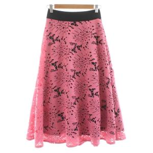 フレアスカート ミモレ ロング 36 ピンク 黒 ブラック 総レース /KU