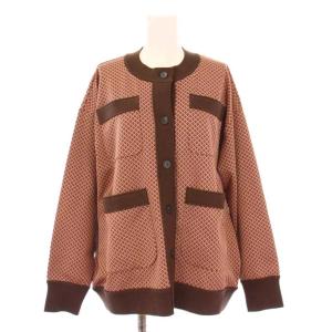 キカジャカードジャージークルーネックカーディガン 長袖 ストレッチ 総柄 S 茶 ブラウン 11032403132