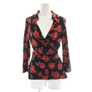 カーディガン 絹 シルク 6 黒 ブラック 赤 レッド 総柄 花柄 /AP