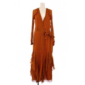 ワンピース ロング 長袖 総柄 シルク XS オレンジ ブラック /BM