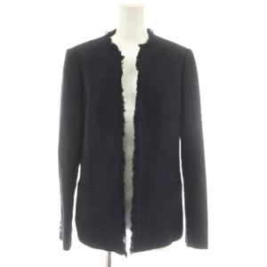 LAGOON TWEED ノーカラージャケット 総柄 麻 リネン混 40 紺 ネイビー JKJRYS0035