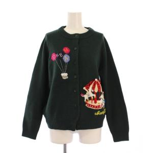 ニットカーディガン 長袖 クルーネック 刺繍 ビジュー 装飾 ウール混 F 緑 グリーン /BB