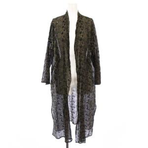 ガウン カーディガン 長袖 ロング丈 前開きトッパー 刺繍 バイカラー 麻 リネン M カーキ 紺 ネイビー