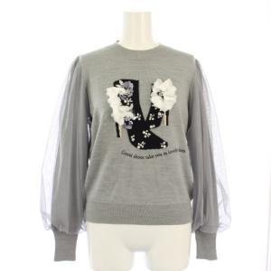 ニット セーター 長袖 ウール F グレー ビジュー フラワー ブーツモチーフ チュール 21L102