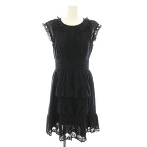 ワンピース ひざ丈 半袖 フレンチスリーブ レース 花柄 ピンタック 絹 シルク混 2 黒 ブラック M193327