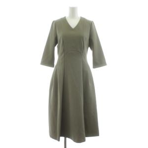 ワンピース フレア ミモレ ロング 七分袖 Vネック 38 カーキ /KU