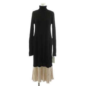 24SS ニットワンピース ミモレ ロング 長袖 タートルネック バイカラー 1 ベージュ 黒 ブラック